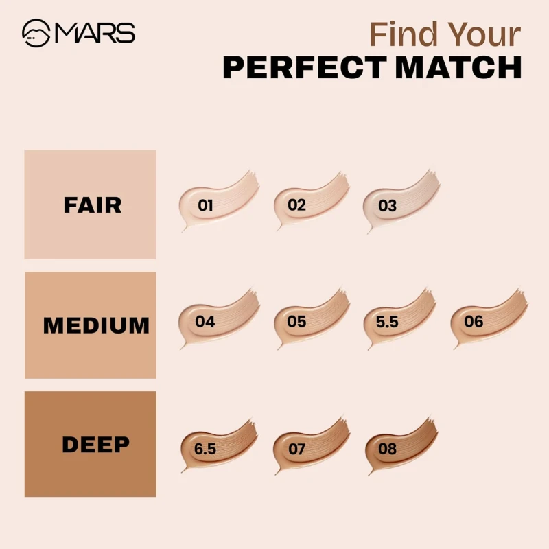 MARS SPF50 PA++++ High Coverage Foundation (40ml) | Blemish Free & Blendable Makeup | All Skin Type | IN-VIVO Tested with 5 Star UVA+UVB Protection Boots Rating (SHADE-01) thumbnail 5